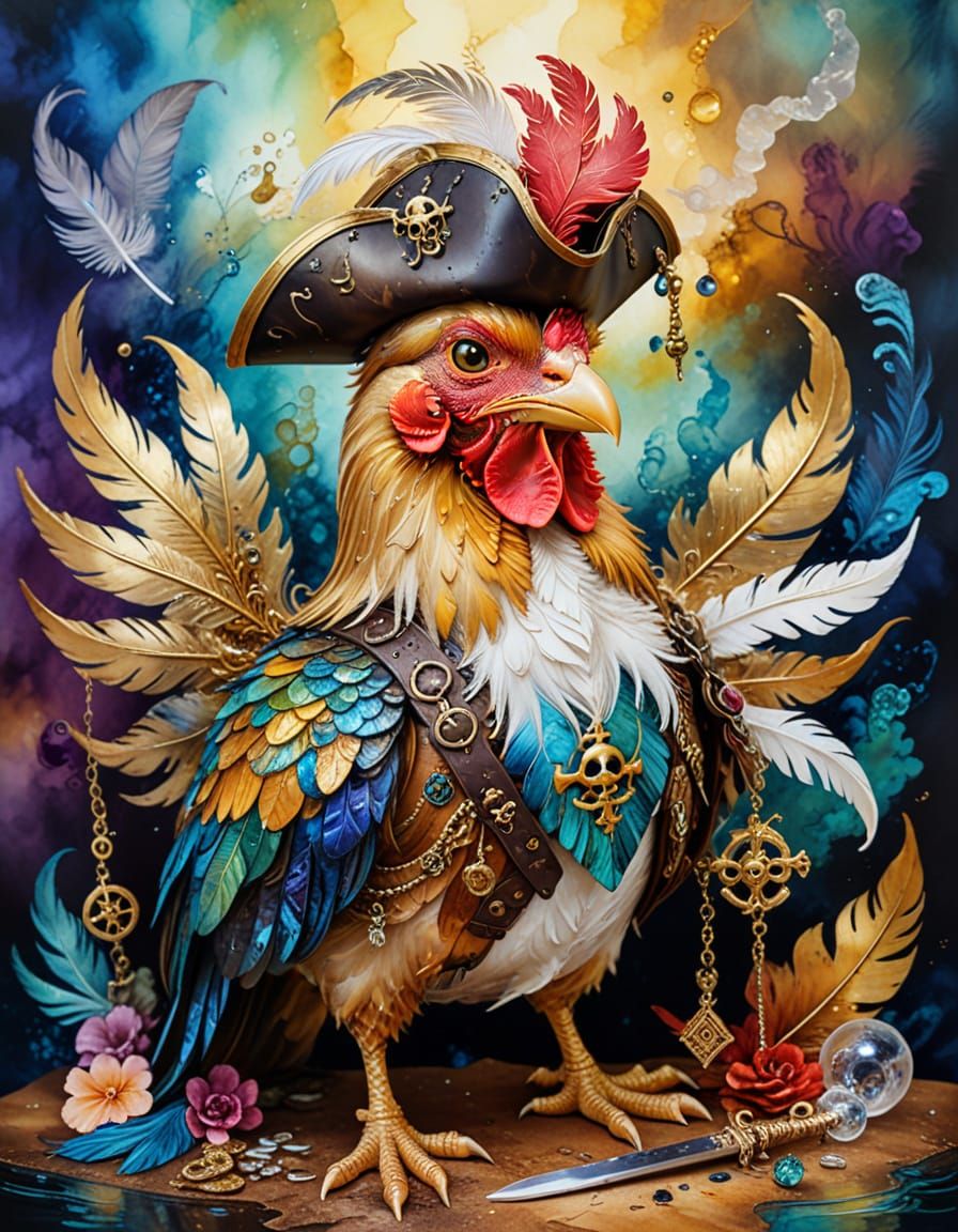 Chicken Pirate on Ship as Surreal Alcohol Ink Painting