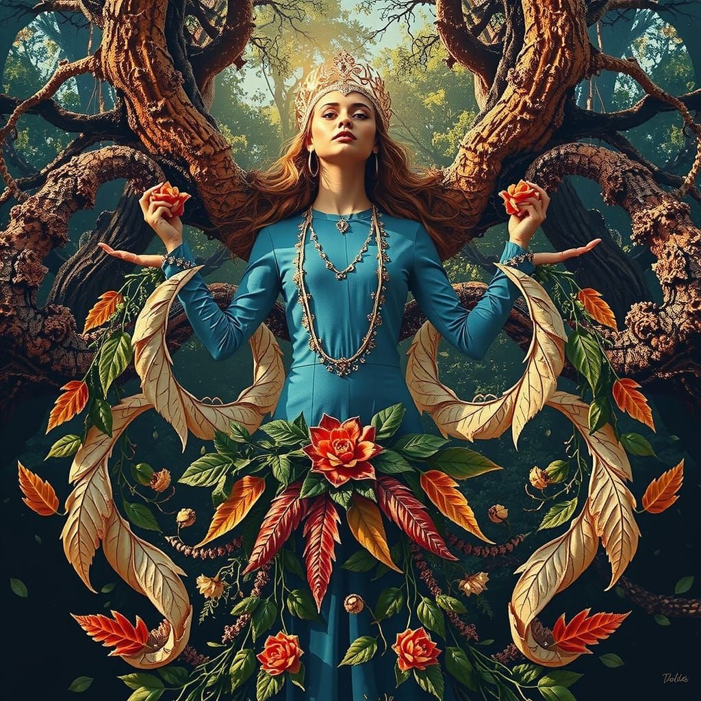 Ethereal Goddess in Floral Attire Basks in Sunlit Woodland