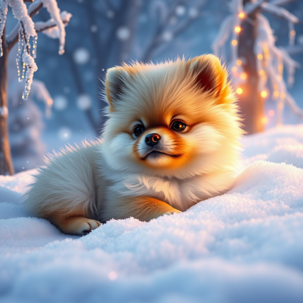 Pomeranian Puppy in Winter Wonderland, Fantasy Concept Art