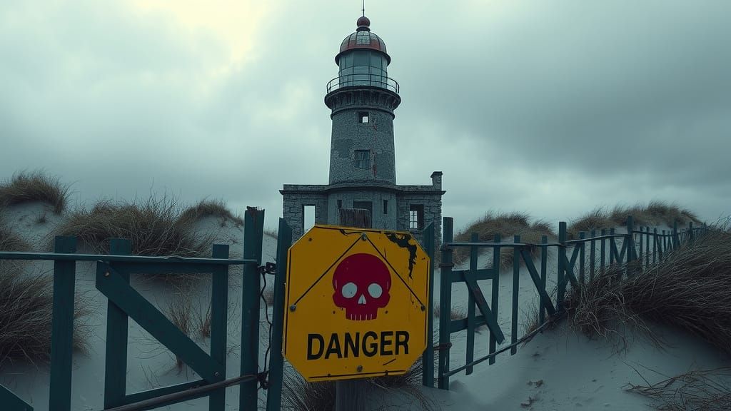 Windswept Lighthouse Ruin with Skull Warning Sign
