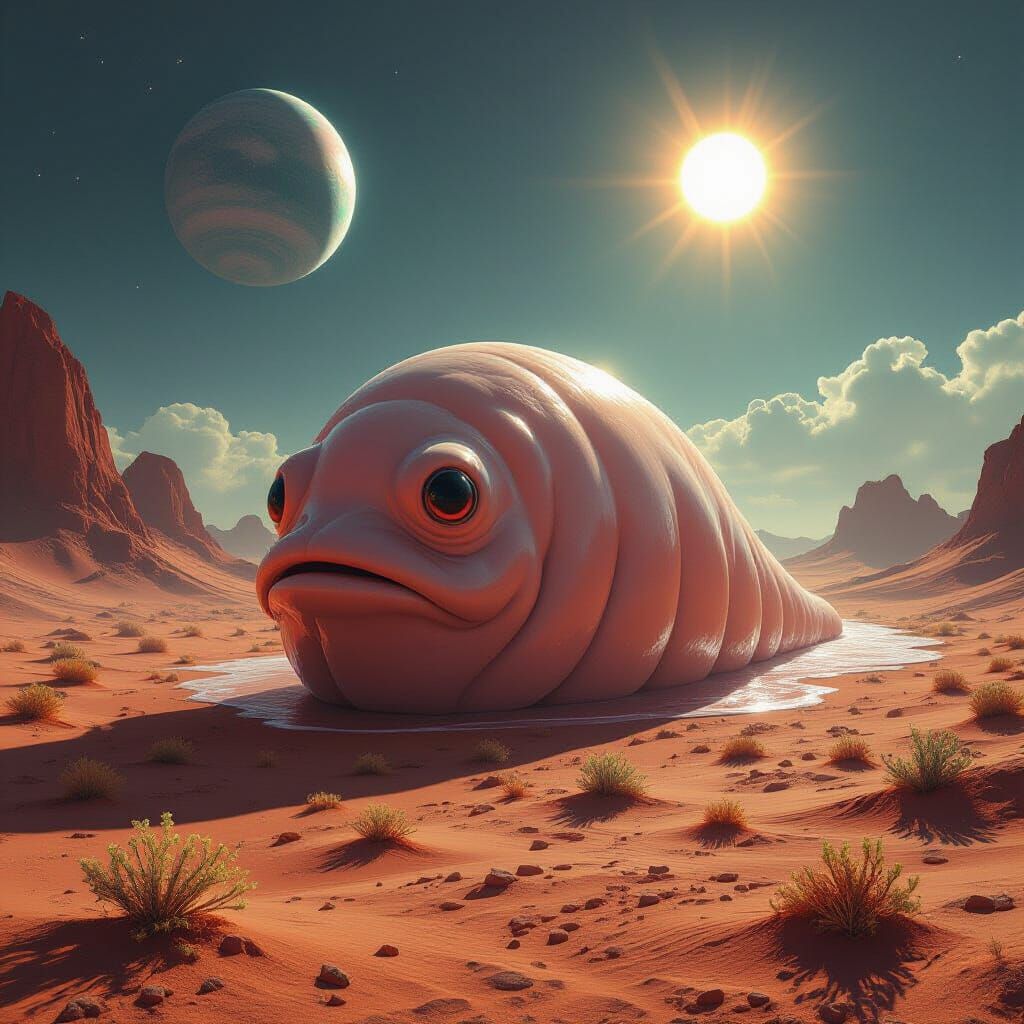 Colossal Blobfish-Slug Hybrid in Alien Desert