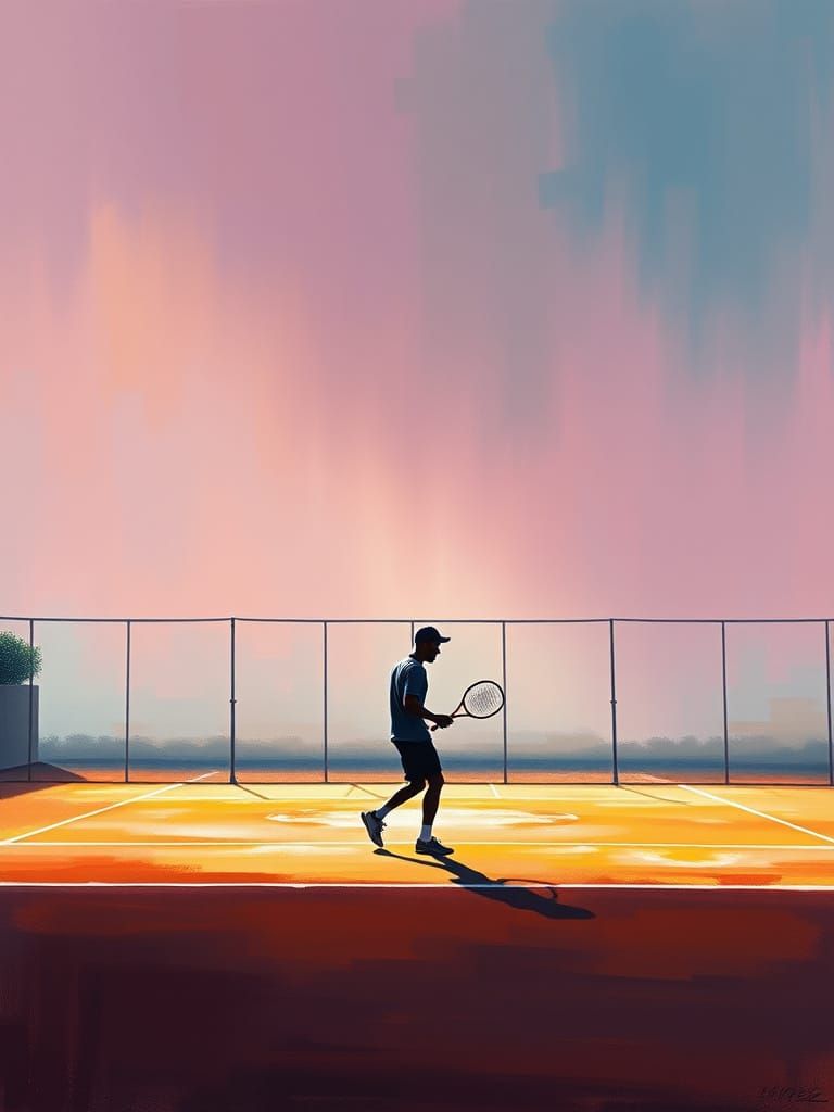 Tennis Player on Clay Court in Abstract Expressionism Style