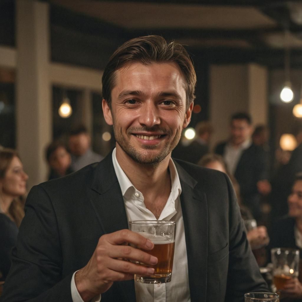 Warmly Smiling Slavic Man in Restaurant, Photorealistic Port...
