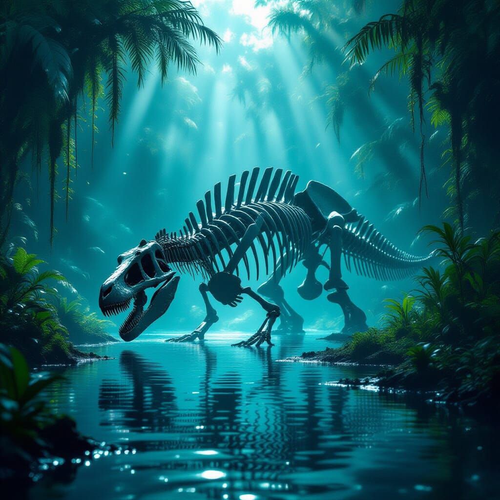 Ancient Dinosaur Skeleton in Alien Bioluminescent Swamp