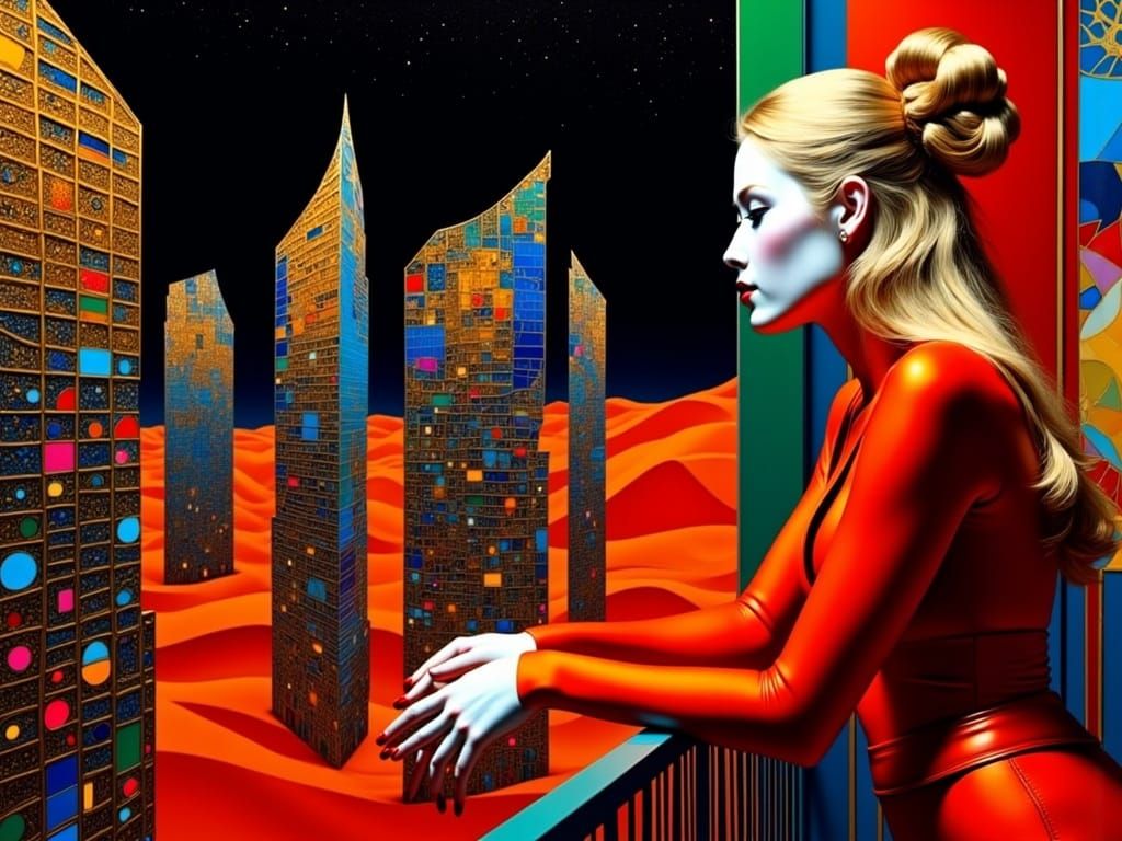 Young Woman in Futuristic Cityscape with Desert Hinterland