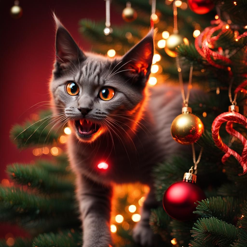 Demonic Kitten Jumps Christmas Tree with Fire Eyes