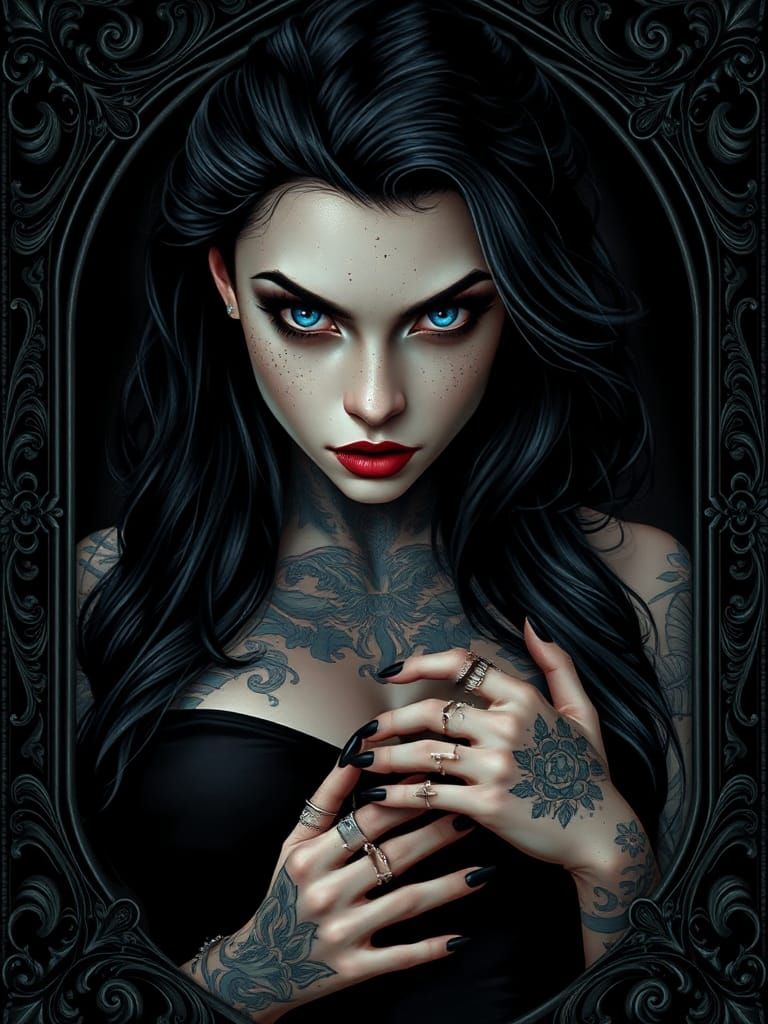 Dark Gothic Portrait of Woman with Constellation Freckles