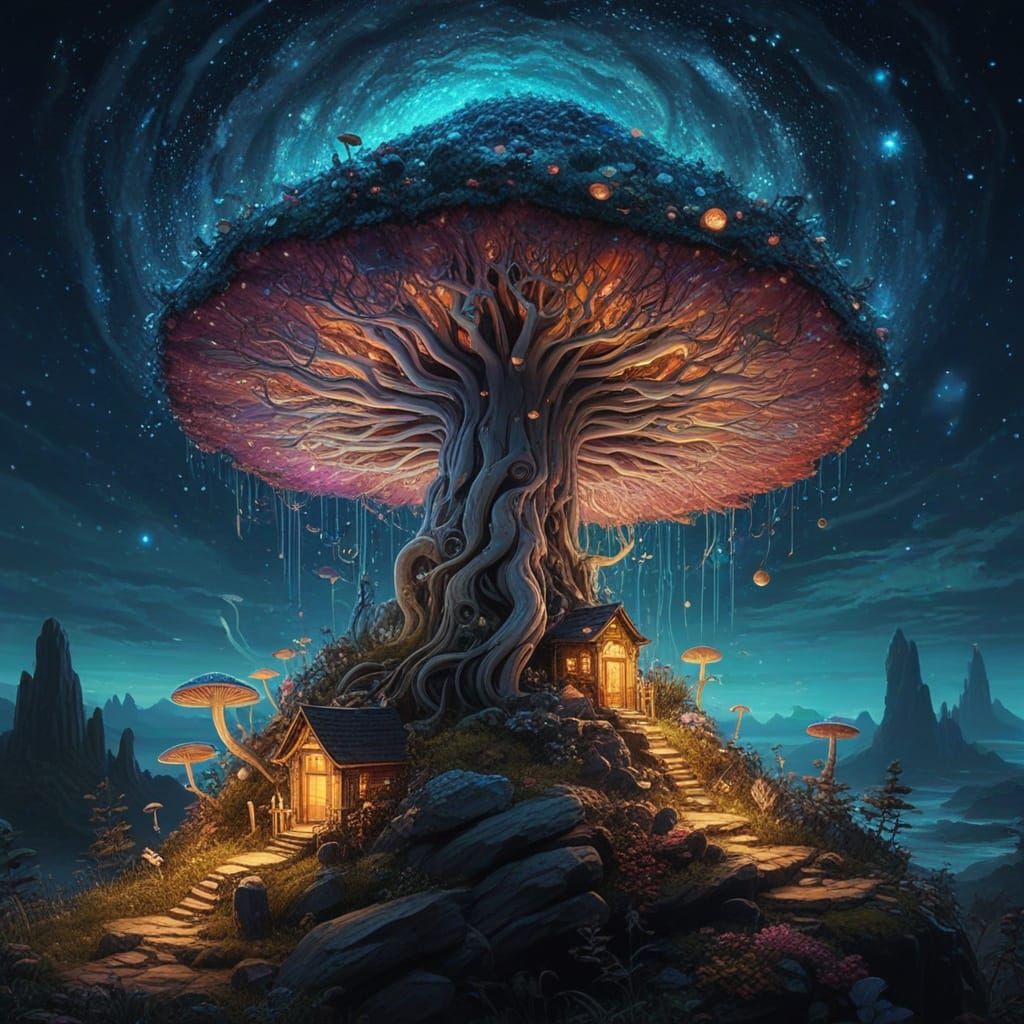 Whimsical Galaxy Mushroom Oasis