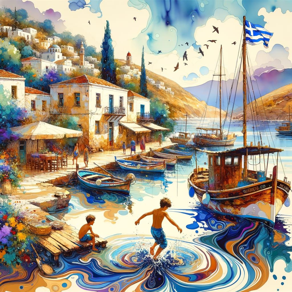 Greek Island Summer Harbor Scene as Alcohol Ink Art