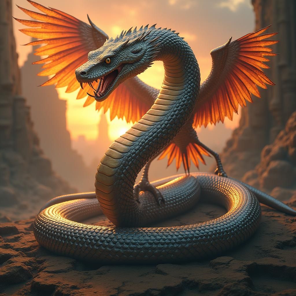 Cobra and Phoenix in a Mythical Landscape