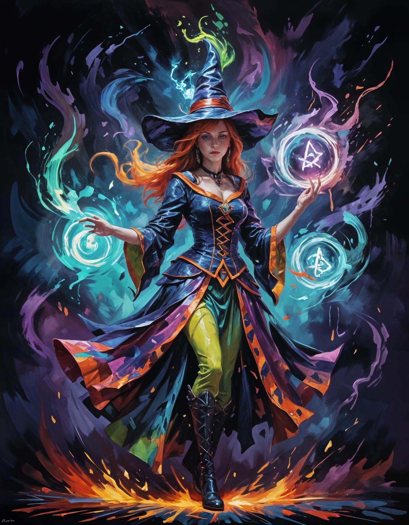 Vibrant Witch in Power Pose Oil Painting