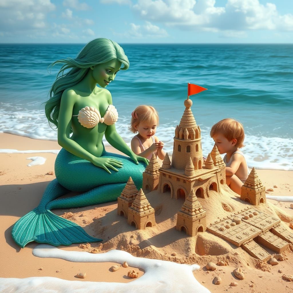 Mermaid Guiding Children Building Sandcastle