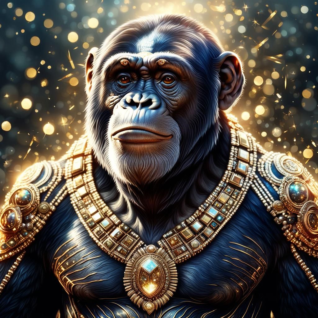 Chimpanzee with gold shimmering sparkles surrounding him Epic cinematic brilliant stunning intricate meticulously detail...