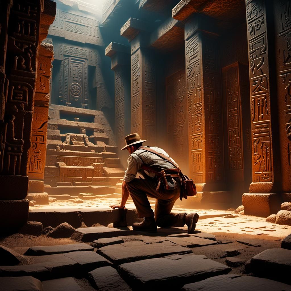 Indiana Jones Deciphers Hieroglyphs in Pyramid, Detailed Mat...