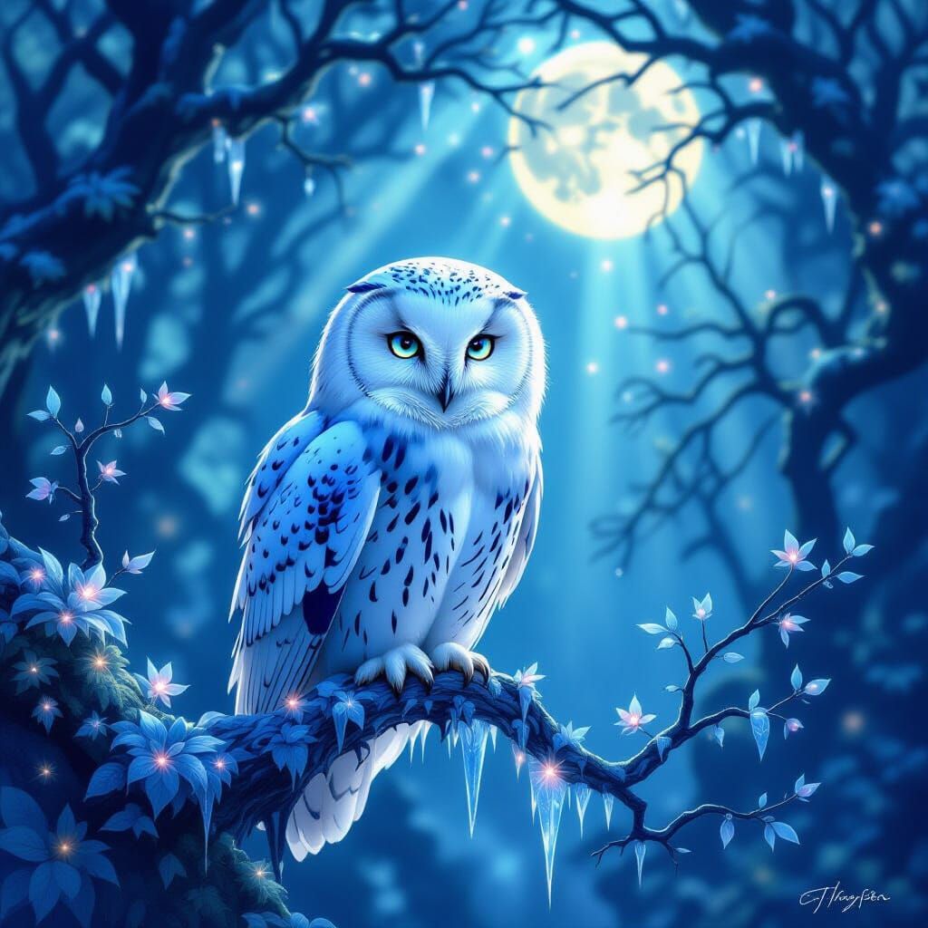 Majestic Snowy Owl in Enchanted Moonlit Forest