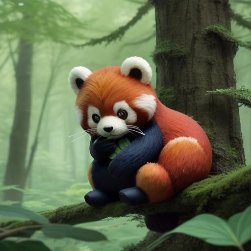 Red Panda Hugs Totoro in Lush Forest