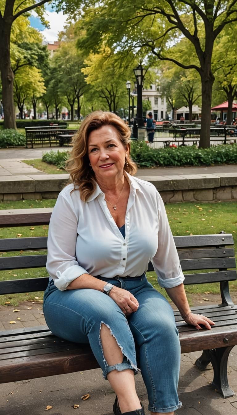 Mature Woman with Large Bust on Park Bench