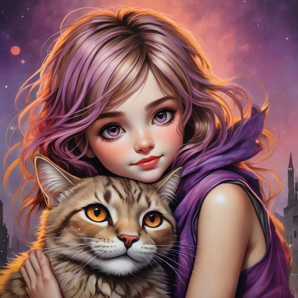 Girl Hugging Cat in Liquid Ink Fantasy Style