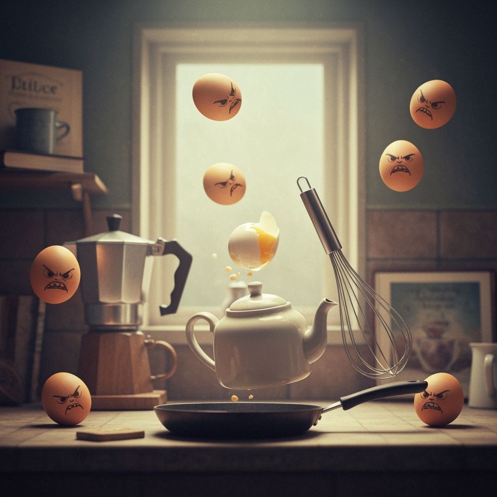 Whimsical Kitchen Scene with Flying Eggs