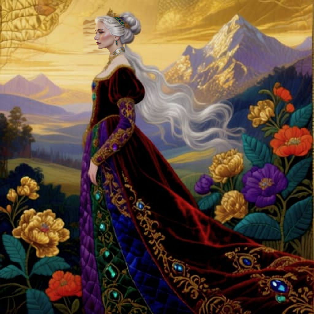 Elegant Woman in Jewel-Toned Gown on Tapestry Landscape