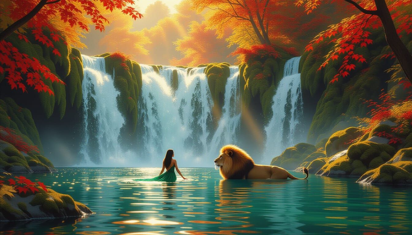 Majestic Autumn Waterfall with Woman and Lion