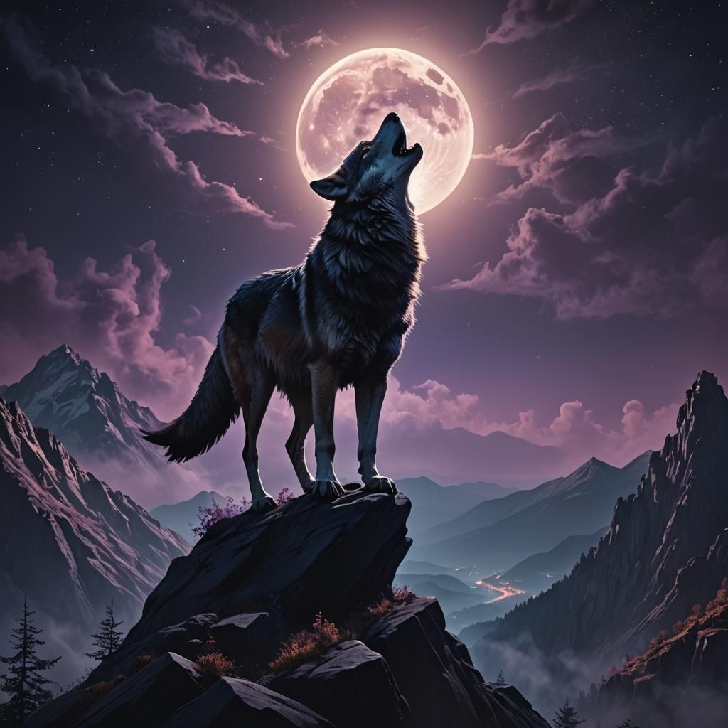 Wolf Howling at Moon: Digital Matte Painting