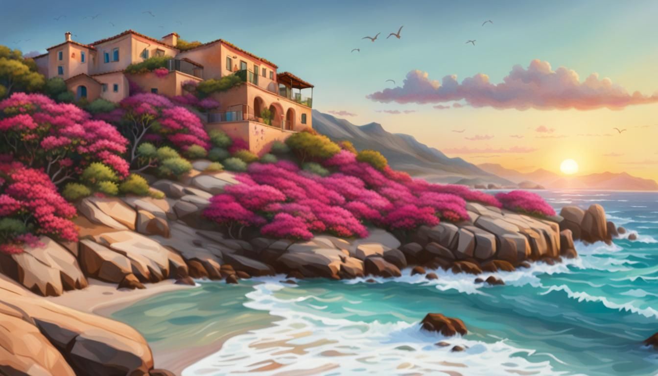 Flowering Beachfront Sunrise: Graffiti Art Panorama