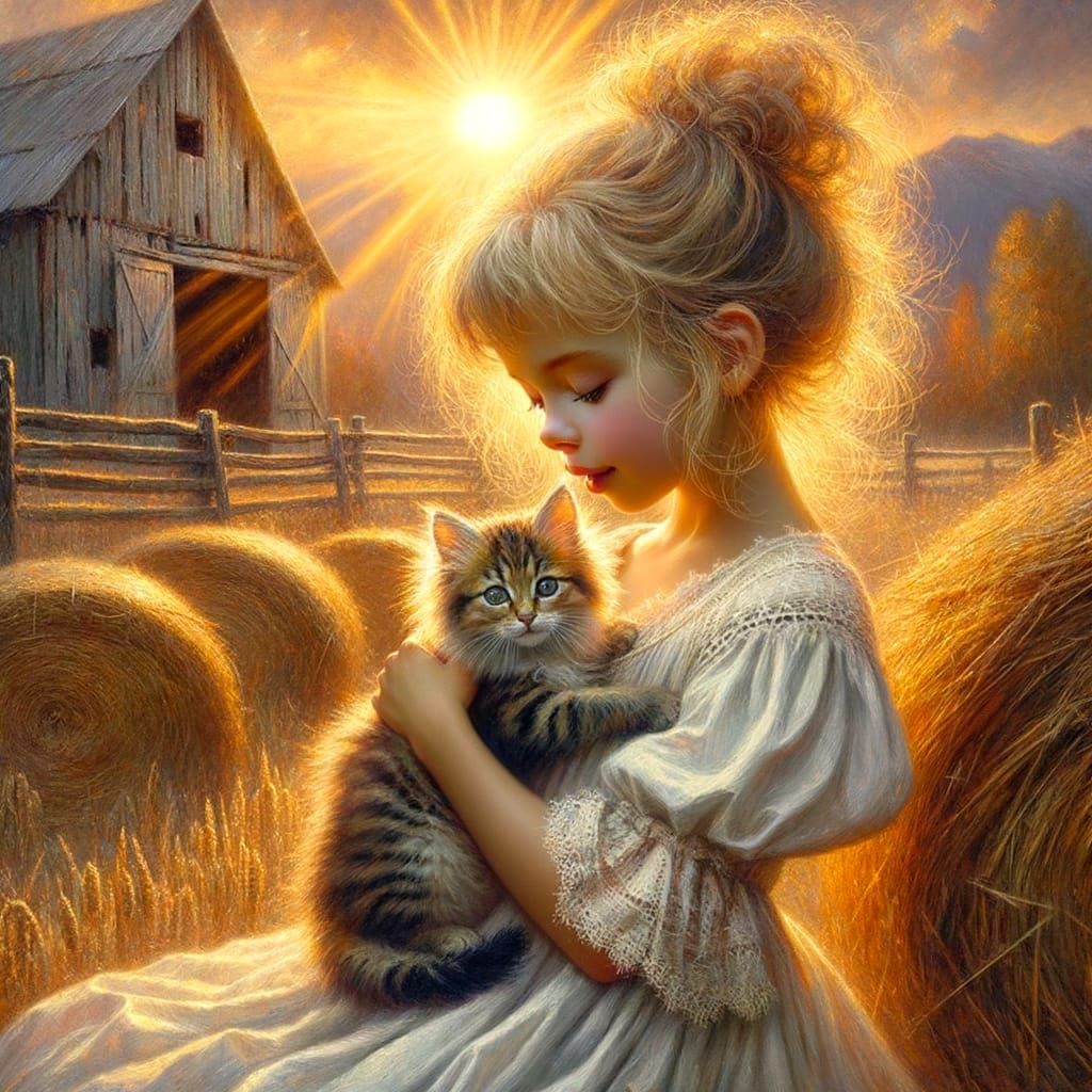 Girl with Kitten: Dreamy Impressionistic Oil Painting