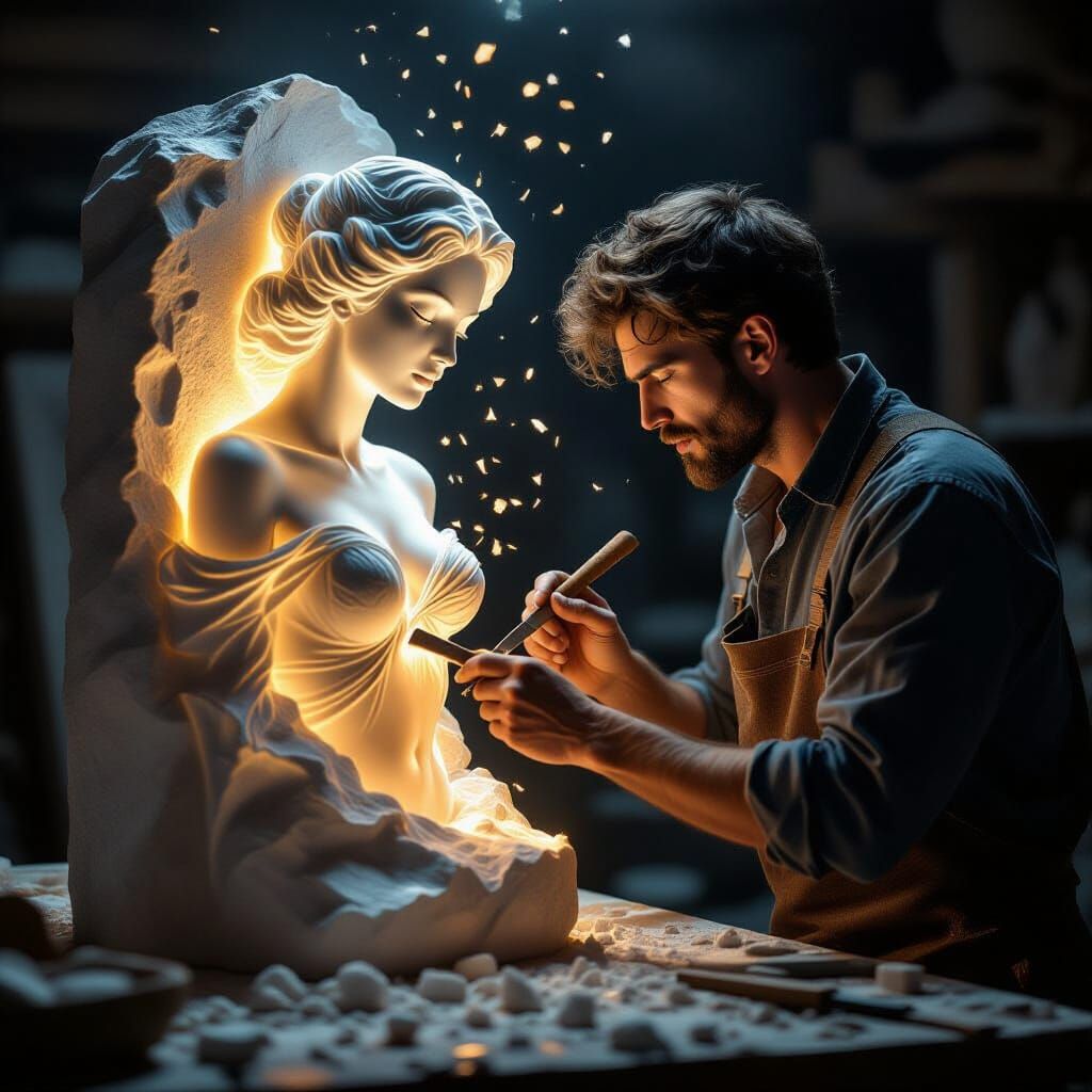 Sculptor Creates Glowing Statue in Dramatic Light