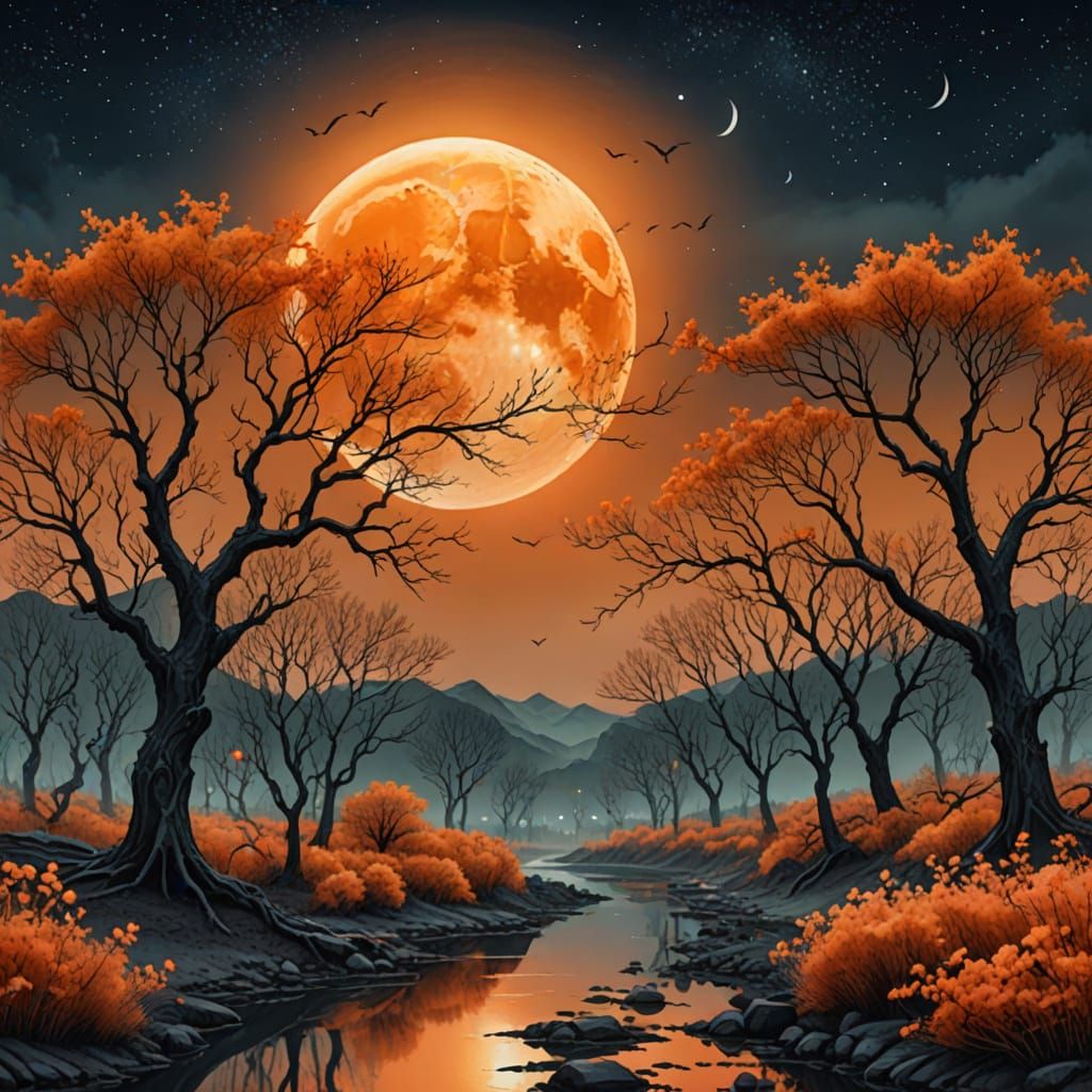Disturbing Moon Landscape in Watercolor Style