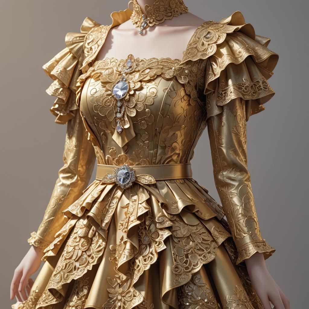 Gold Dress with Lace and Diamonds: Anime-Style 3D Render