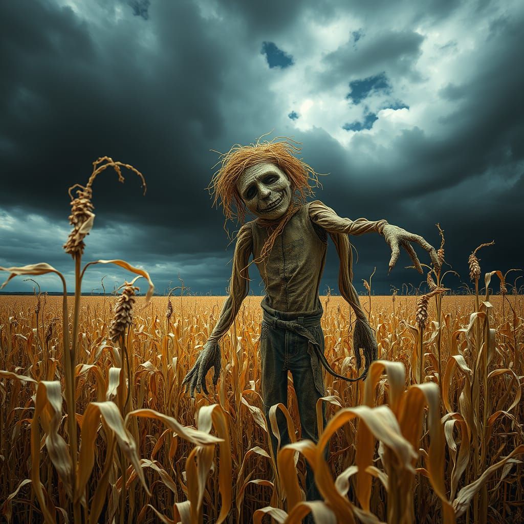 Haunting Scarecrow Stands in Desolate Cornfield