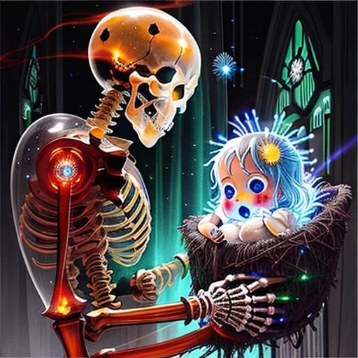 Luminescent Ghost with Skeleton Baby in Watercolor Art