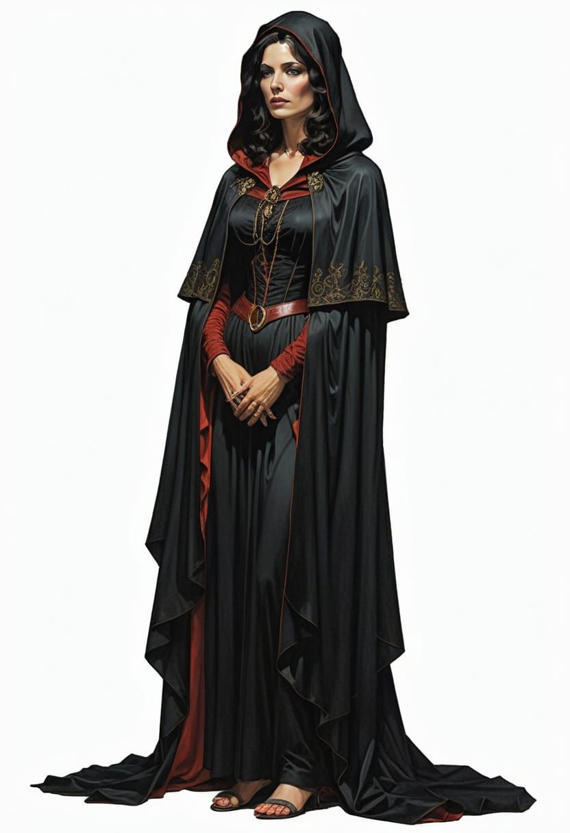 18th Century Italian Widow in Crimson Cape and Veil