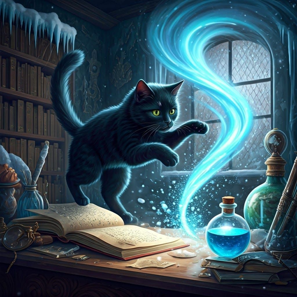 Magical Cat Creates Winter Cyclone, Maximalist Art