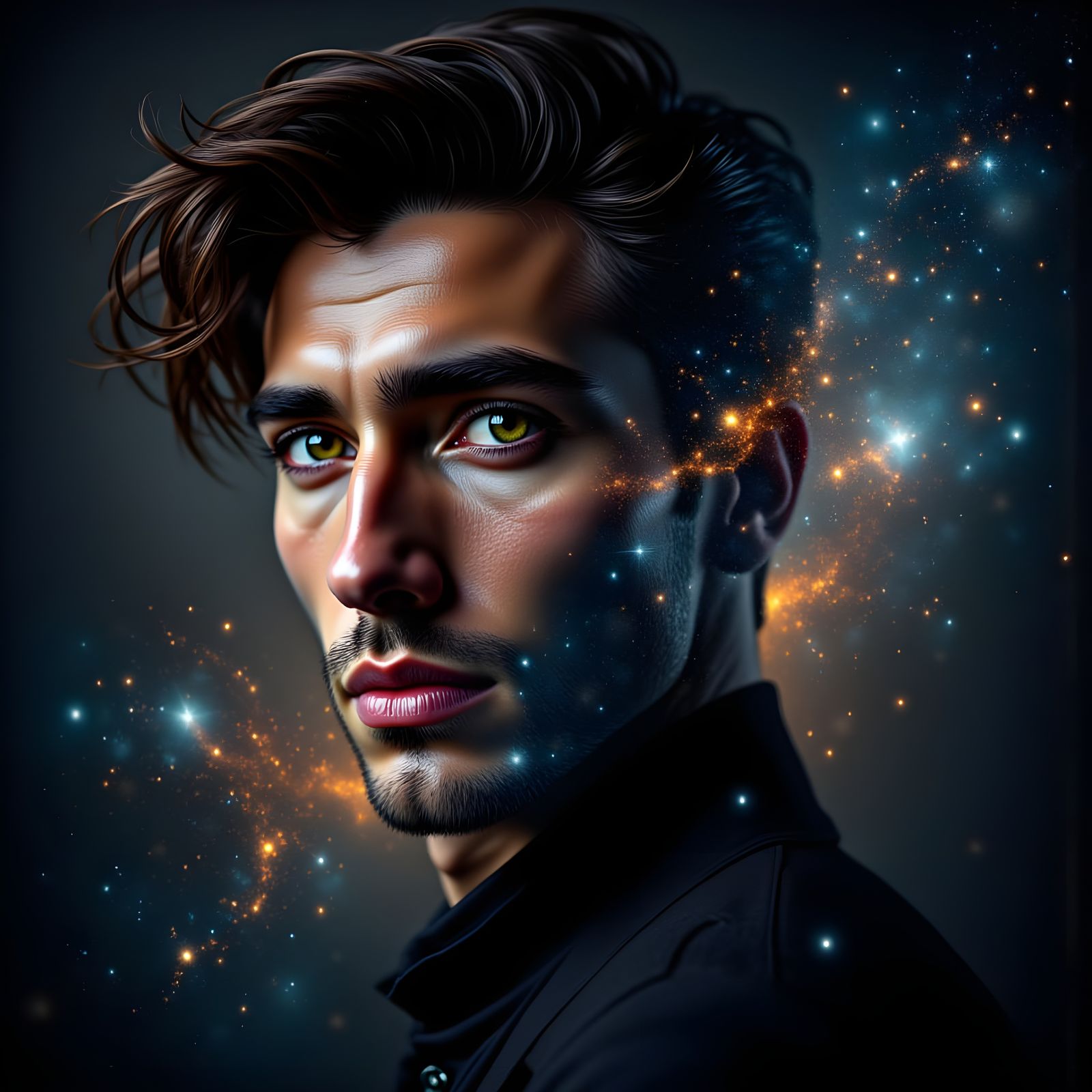 Galaxy Portrait of Handsome Man in Hyperrealism