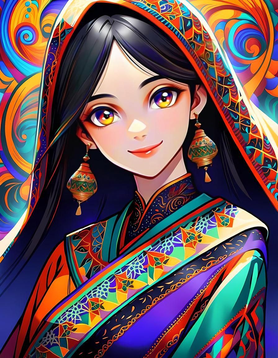 Anime Portrait of Smiling Kashmiri Woman