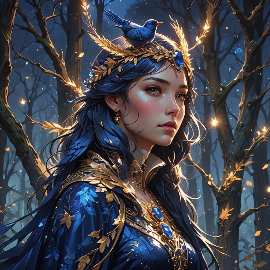 Sapphire Bird in Sparkling Forest: Digital Art
