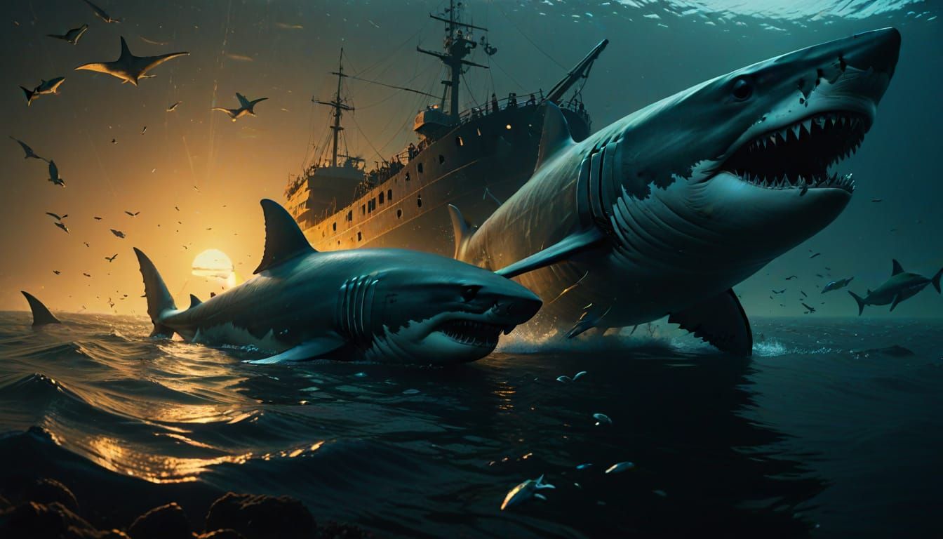 Megalodon in Bioluminescent Deep Sea Digital Art