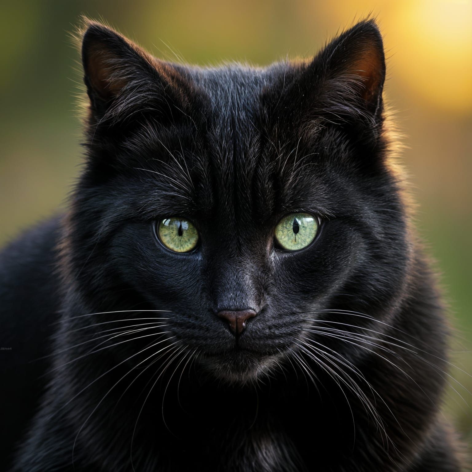 Black Tomcat with Big Green Eyes: Realistic Portrait