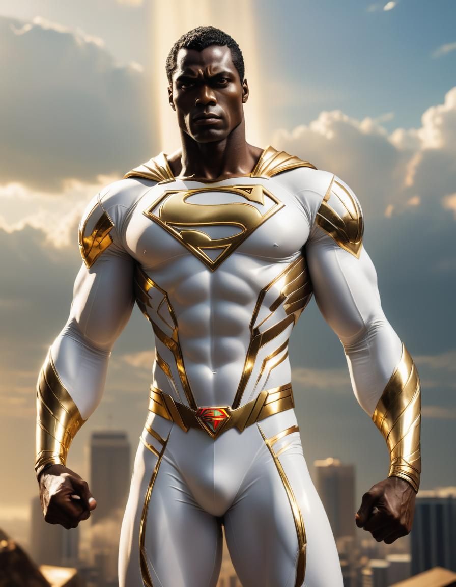 A powerful and regal African Superman stands tall, clad in a...