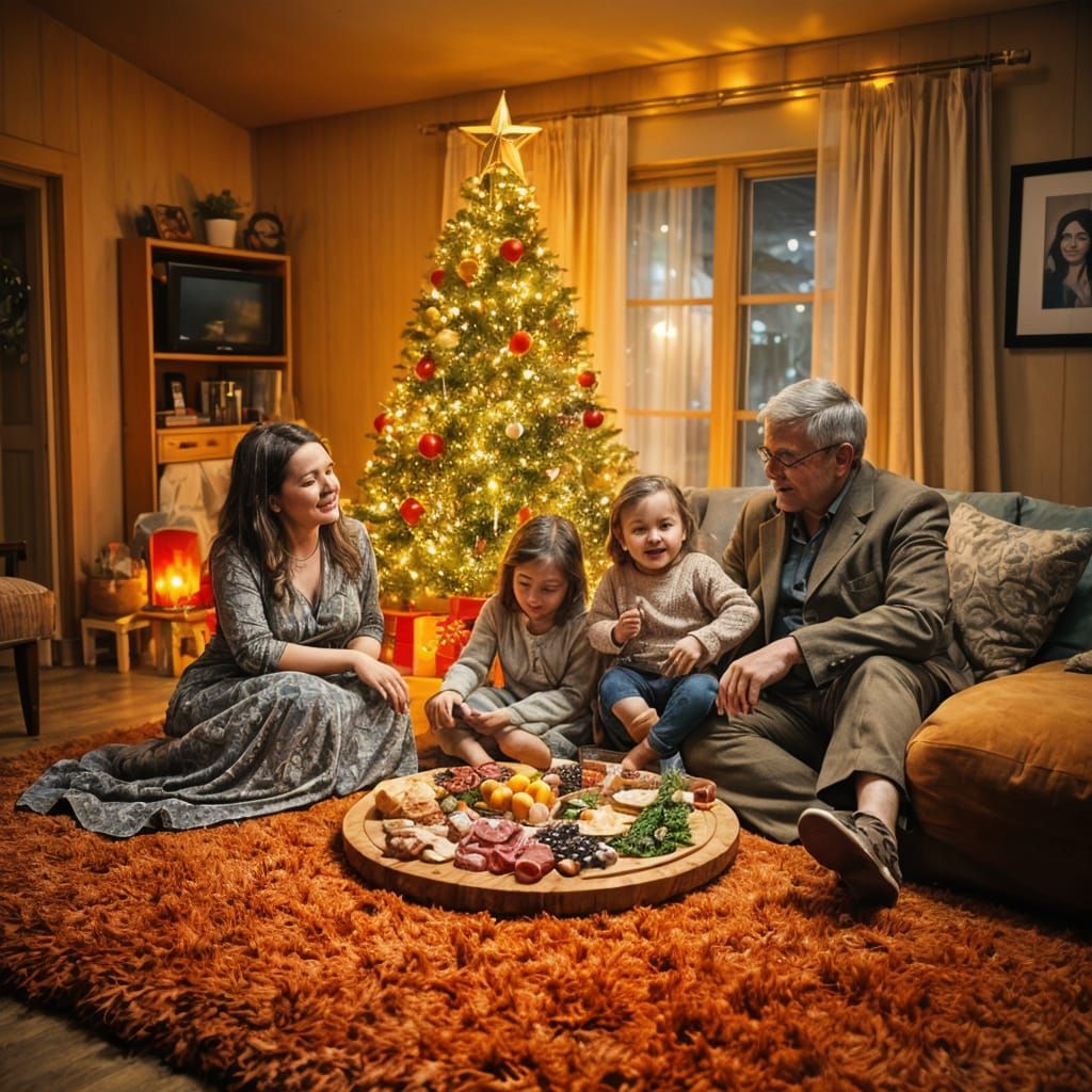 Family Christmas Gathering by the Tree in Retro Style