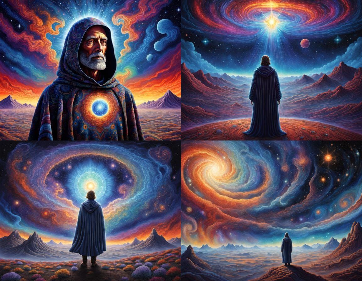 Mystic Voyager Stands Amidst Cosmic Wonders in Vibrant Starl...