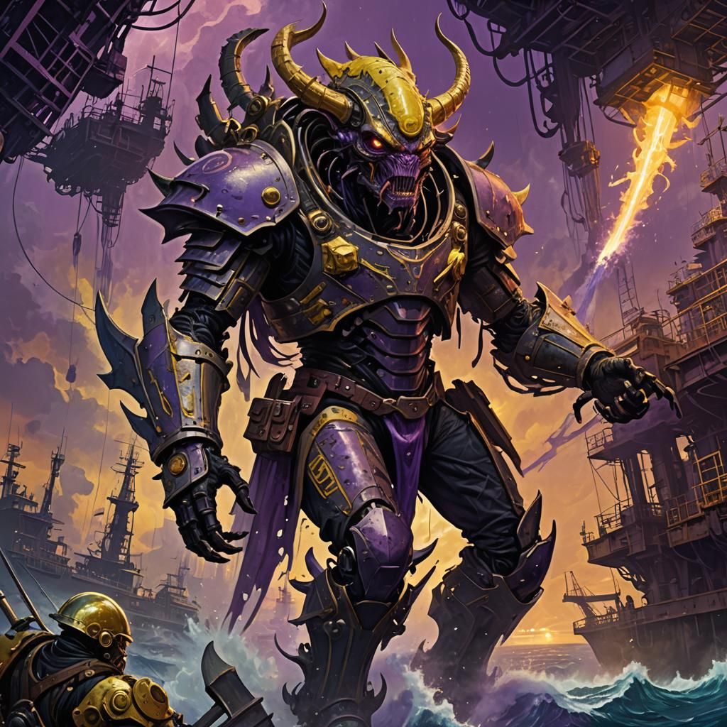 Alien Butcher Cleavers Attack Oil Rig: Dark Fantasy Art