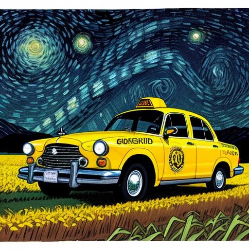Taxi in Cornfield Under Starry Sky, Comic Art