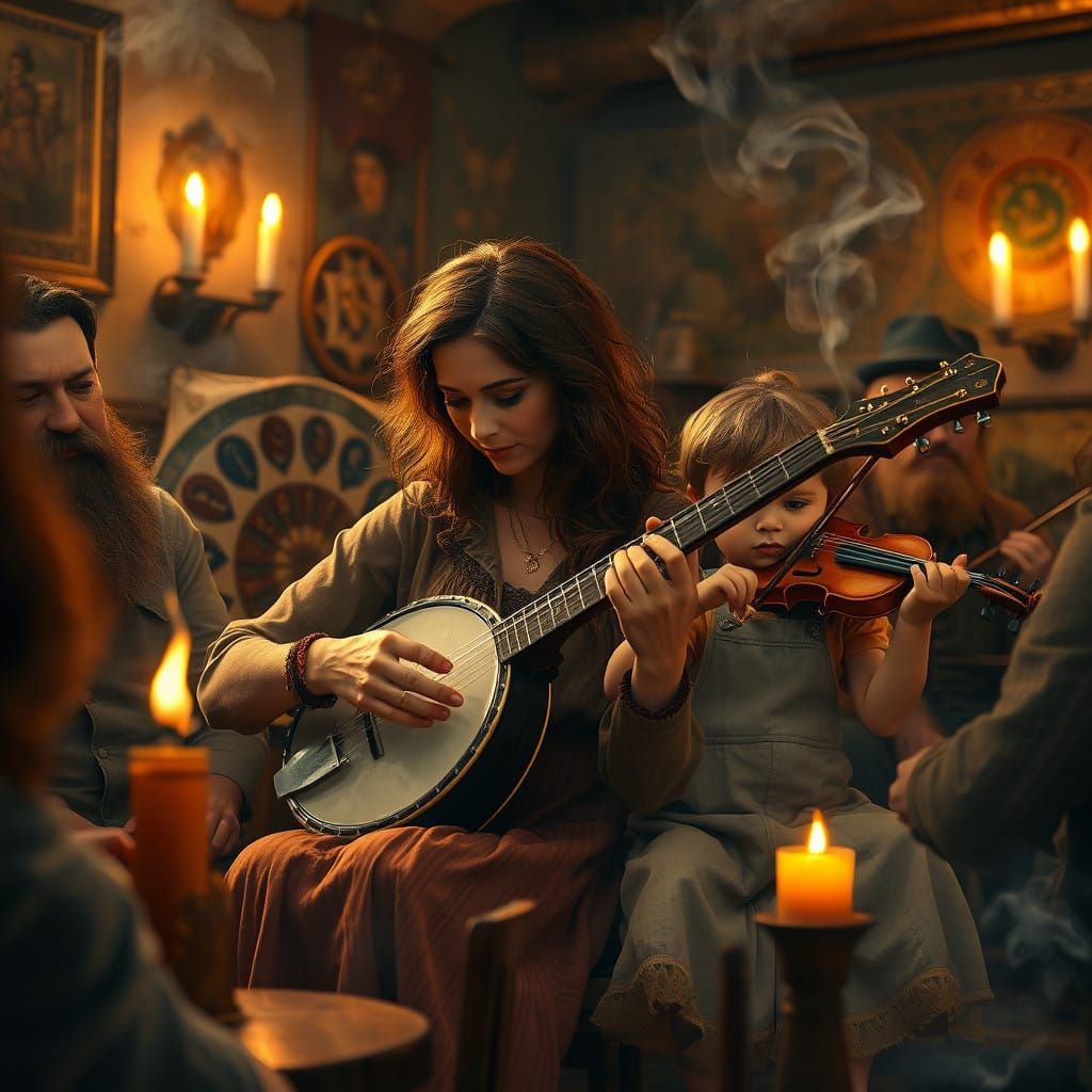 Whimsical Gathering of Bohemian Friends in a Mystical Coffee...