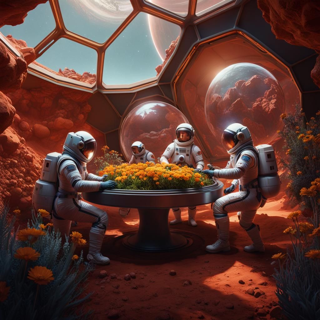 Women in Spacesuits Tend Flowers on Mars