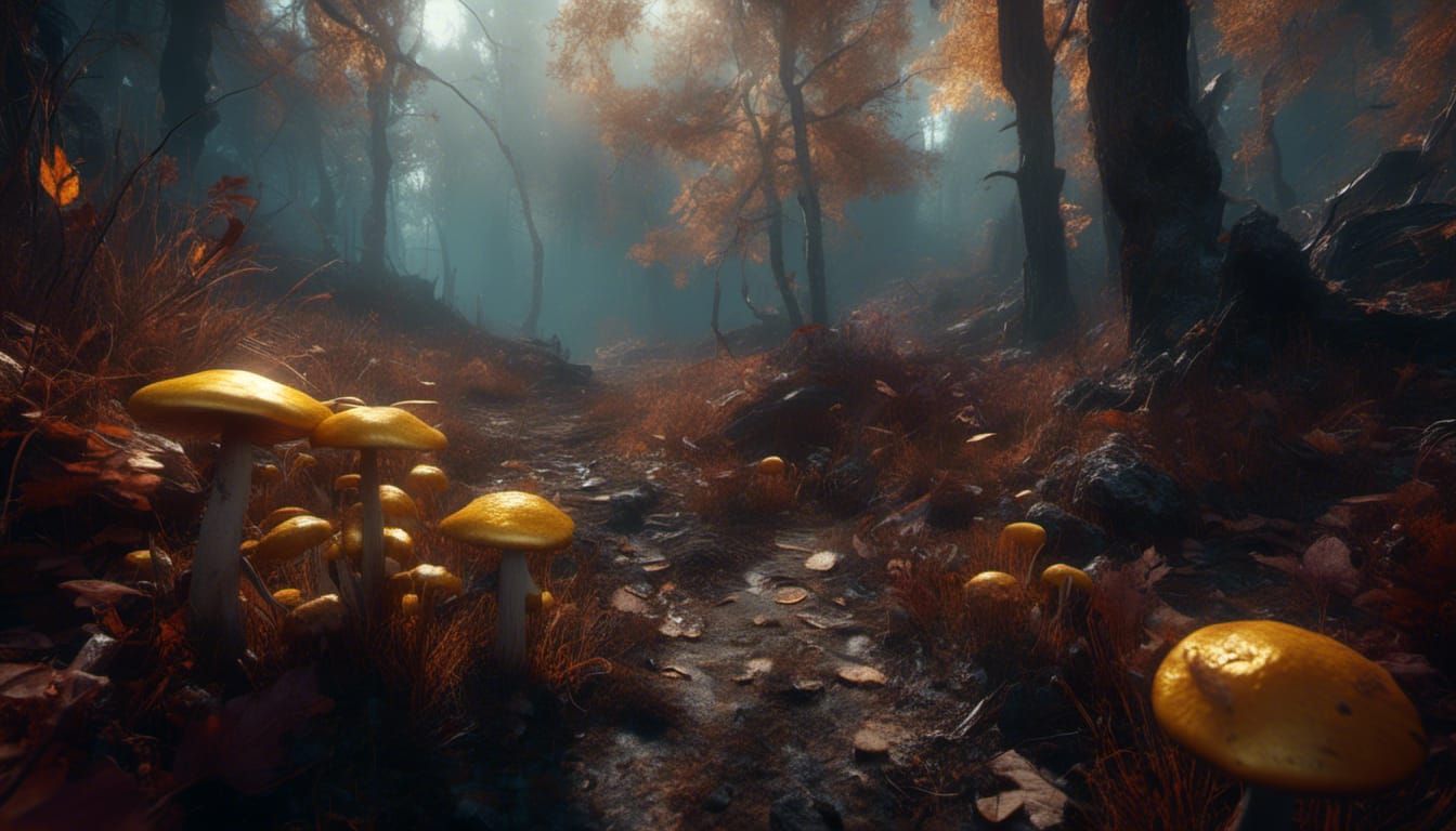 Golden Autumn in Magic Forest with Dark Light