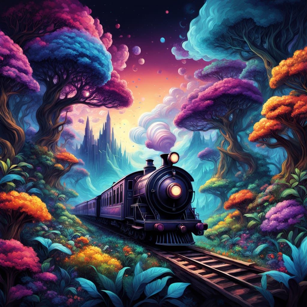 Train Journey Through Multicolored Dreamscape Fantasy Art