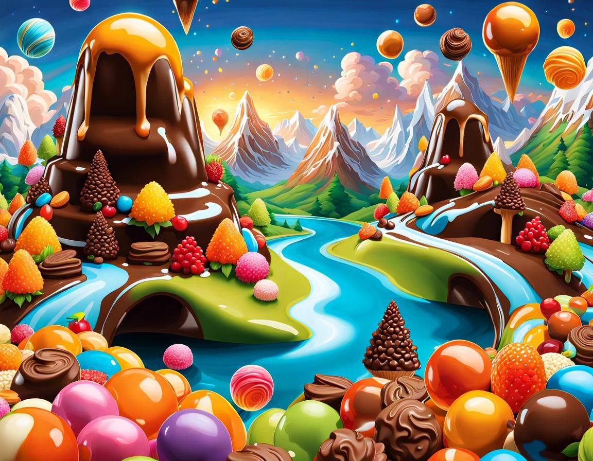 Sweet Candyland Dreamscape with Chocolate Waterfalls